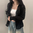 Hollow Jacquard Drawstring Hem Long Sleeve Hooded Lace Coat