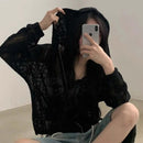 Hollow Jacquard Drawstring Hem Long Sleeve Hooded Lace Coat