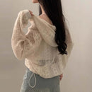 Hollow Jacquard Drawstring Hem Long Sleeve Hooded Lace Coat