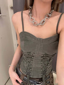 New Women's Spicy Girl Tie Up Tight Fitting Sleeveless Camisole in grey green with lace-up detail and chunky necklace.