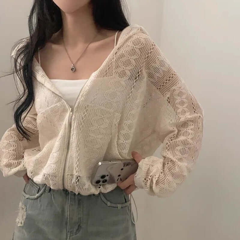 Hollow Jacquard Drawstring Hem Long Sleeve Hooded Lace Coat