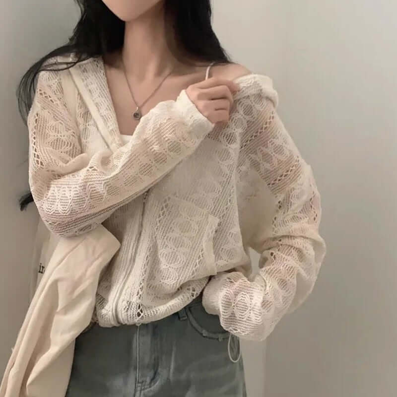 Hollow Jacquard Drawstring Hem Long Sleeve Hooded Lace Coat