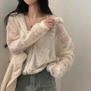 Hollow Jacquard Drawstring Hem Long Sleeve Hooded Lace Coat