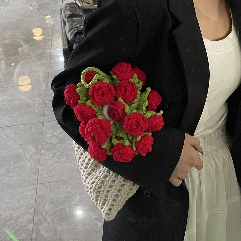 Summer Rose Bouquet Woven Lazy Style Artistic Girls' One-shoulder Bag